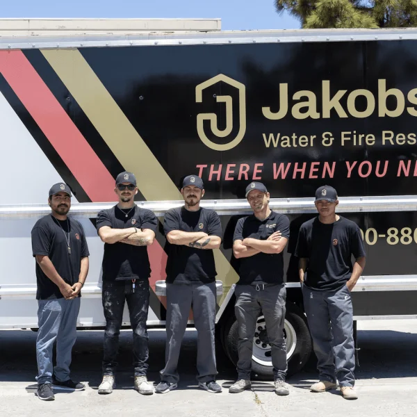 Jakobsen Restoration employees standing in front of a service truck, ready to work