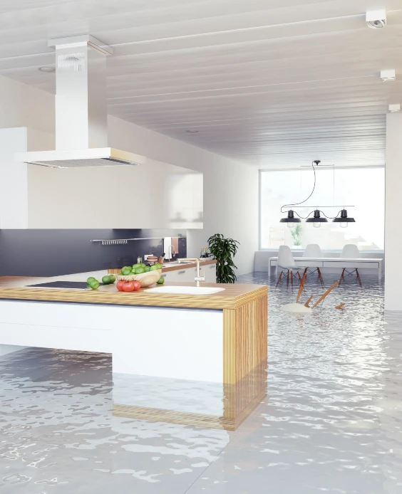 A modern kitchen with significant flooding